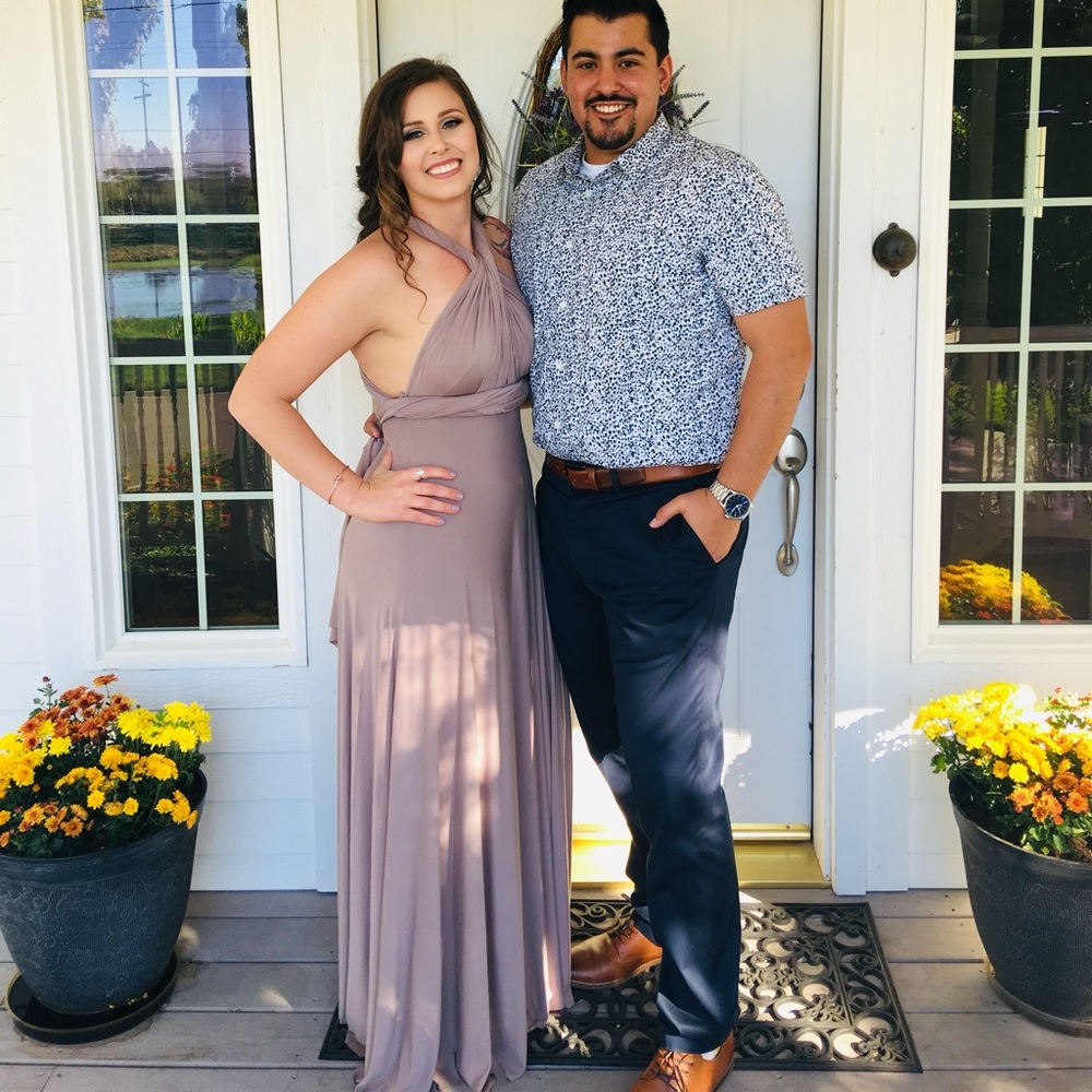 Lulu’s “Trick of the Trade” convertible Maxi Dress. Taupe